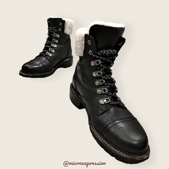 $399 Frye Samantha Black Real Leather Lace Up Shearling Fur Hiking Ankle Boot - Picture 10 of 16